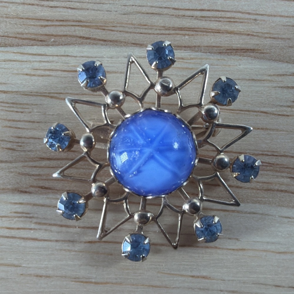 Vintage Blue Rhinestone Snowflake Brooch Pin Starburst Prong Sun Star Shape
